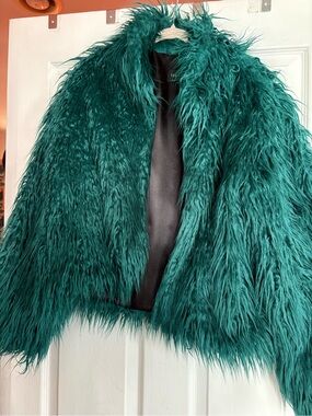 Fabulous Furs Teal Green Faux Fur Cropped Jacket